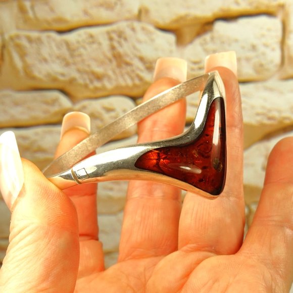 MODERNIST AMBER 925 SILVER BANGLE BRACELET HINGED RARE - Picture 8 of 10